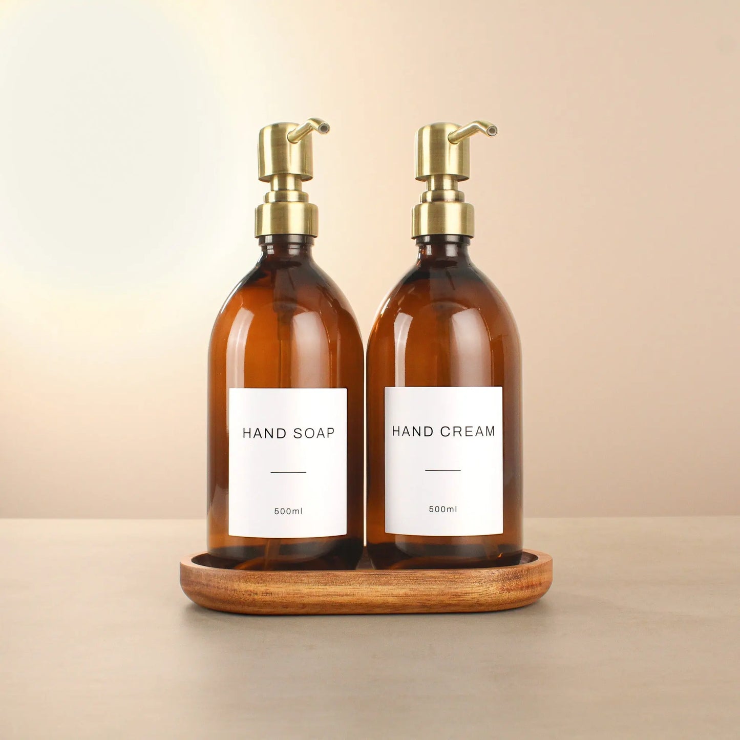 Acacia Tray & Amber Glass Dispenser Double Set Namie Home