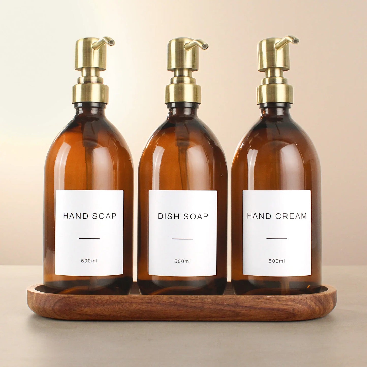 Acacia Tray & Amber Glass Dispenser Triple Set Namie Home