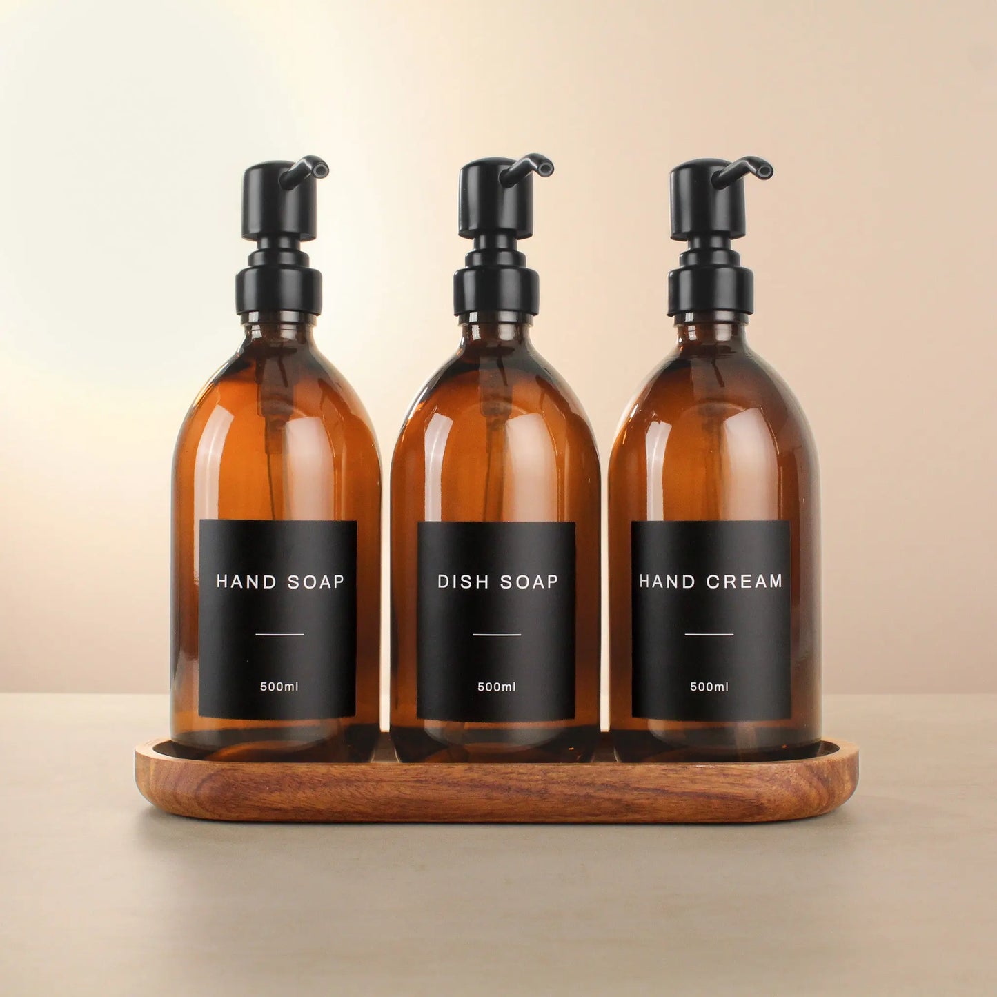 Acacia Tray & Amber Glass Dispenser Triple Set Namie Home