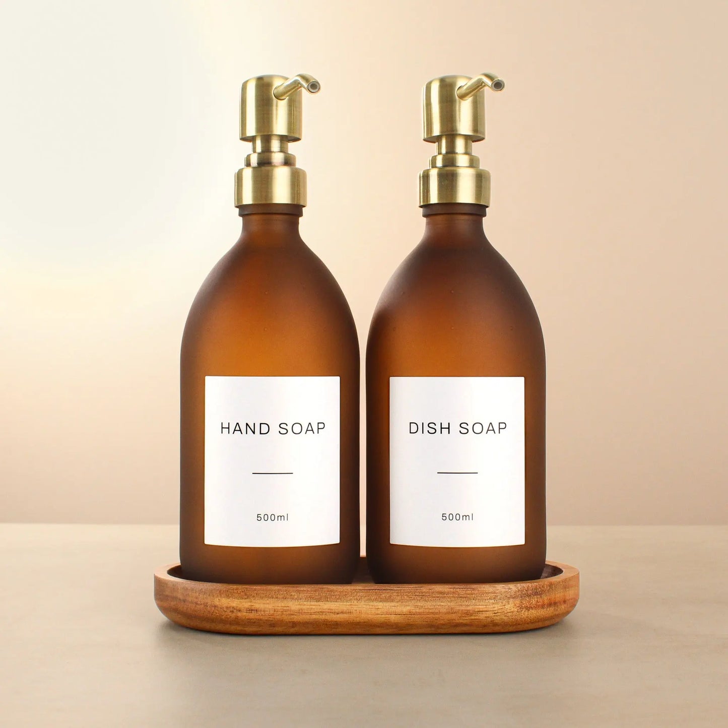 Acacia Tray & Frosted Amber Glass Dispenser Double Set Namie Home