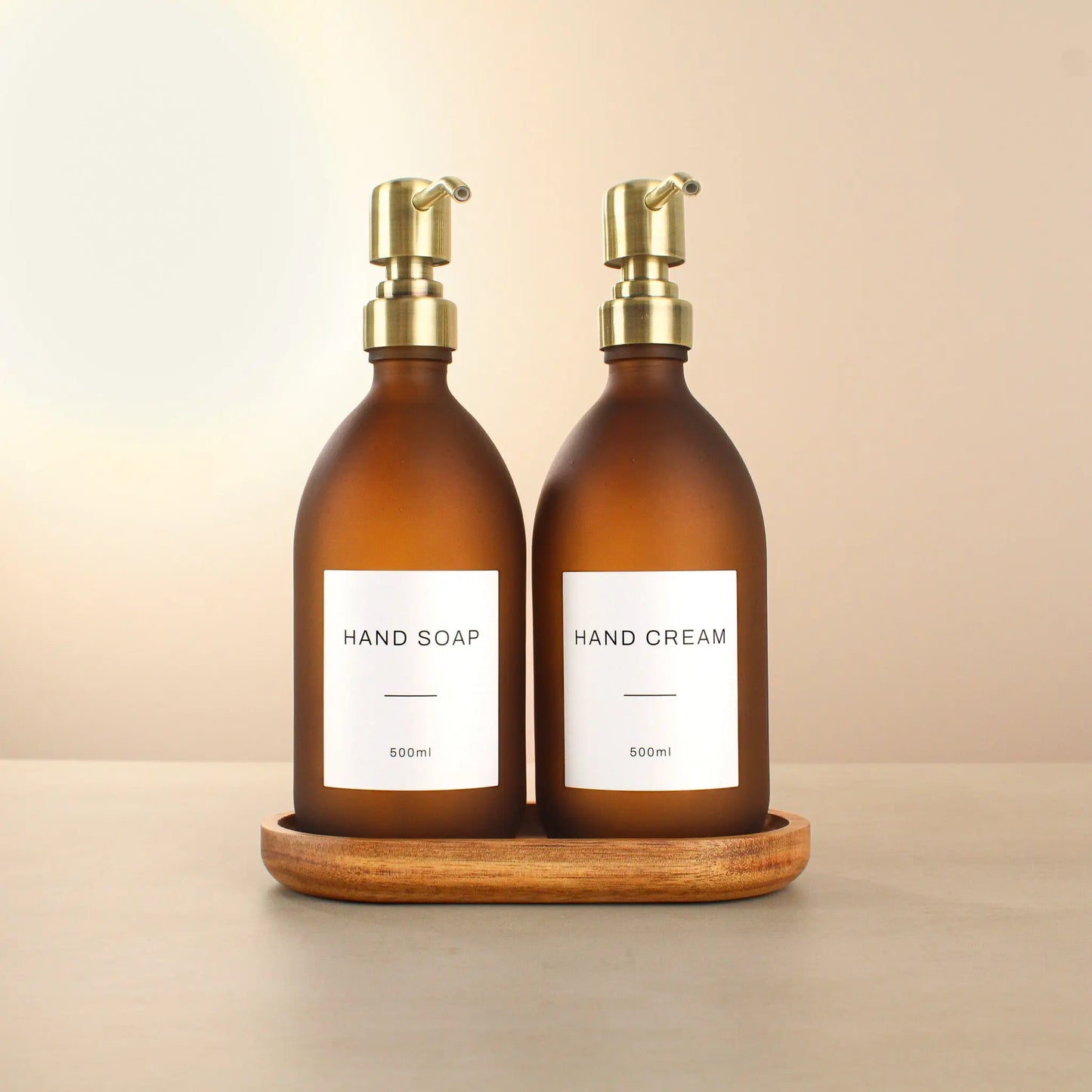 Acacia Tray & Frosted Amber Glass Dispenser Double Set Namie Home