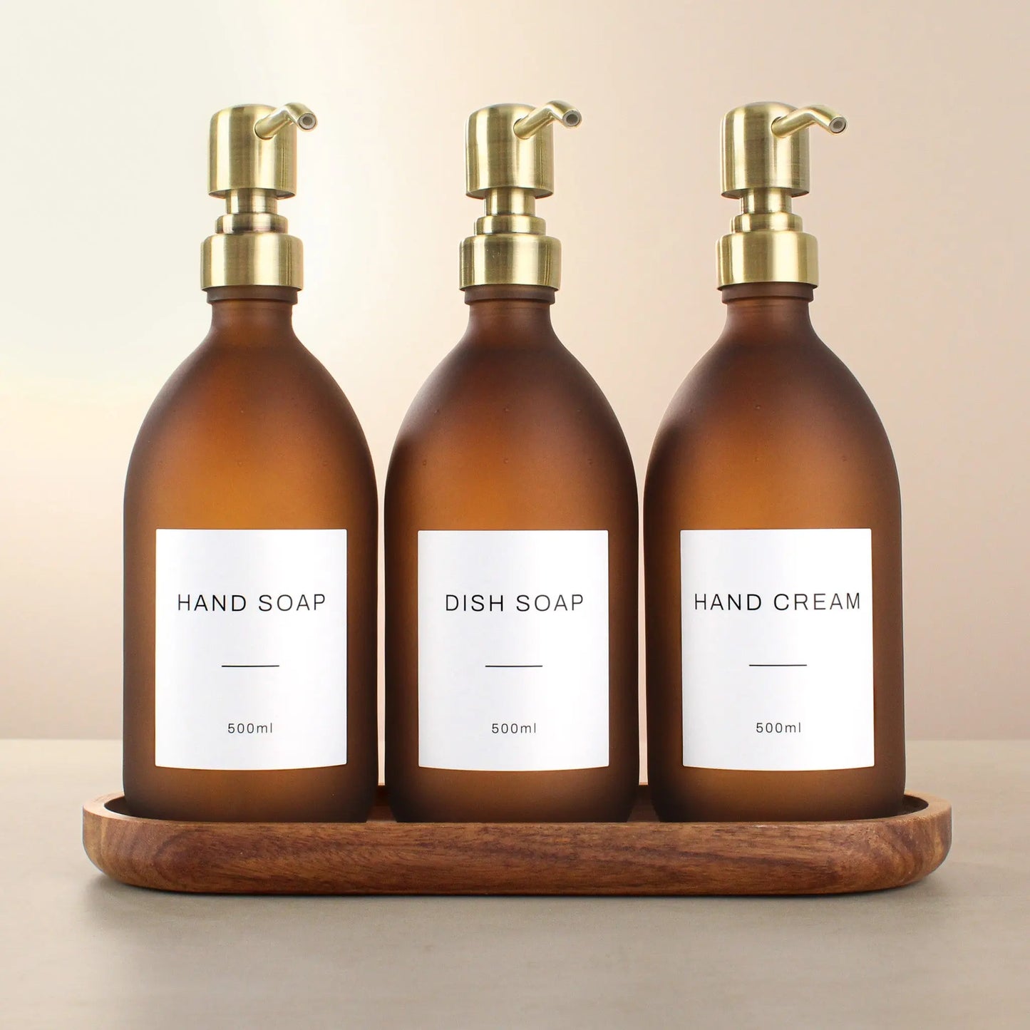 Acacia Tray & Frosted Amber Glass Dispenser Triple Set Namie Home
