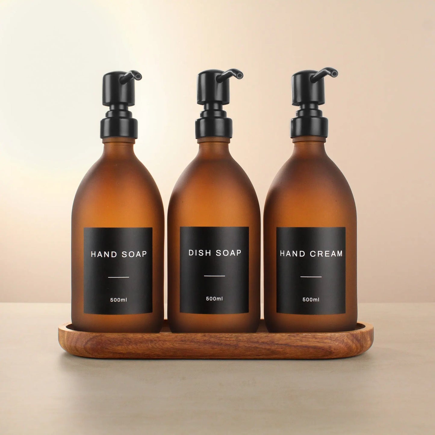 Acacia Tray & Frosted Amber Glass Dispenser Triple Set Namie Home