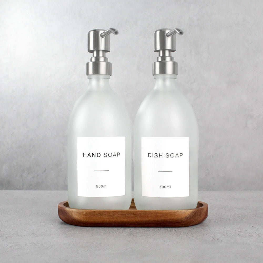 Acacia Tray & Frosted White Glass Dispenser Double Set Namie Home