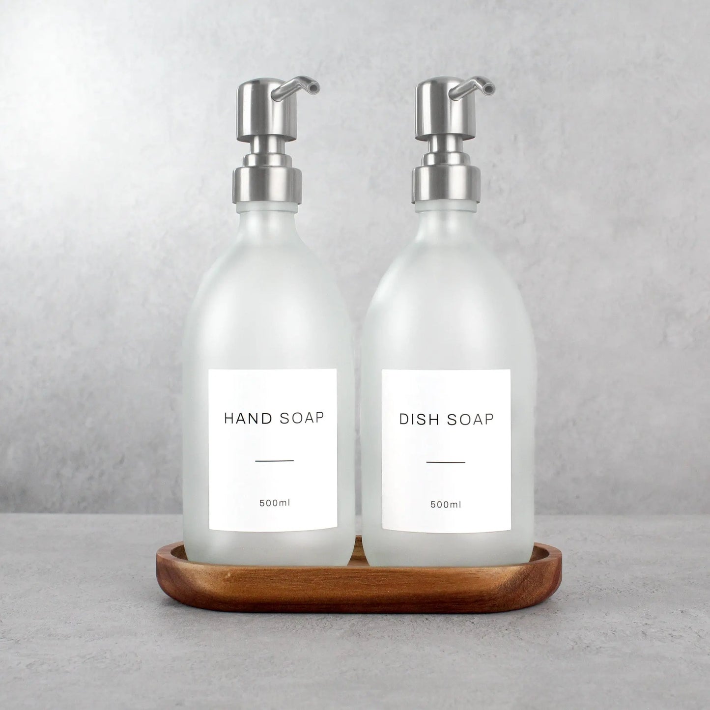 Acacia Tray & Frosted White Glass Dispenser Double Set Namie Home