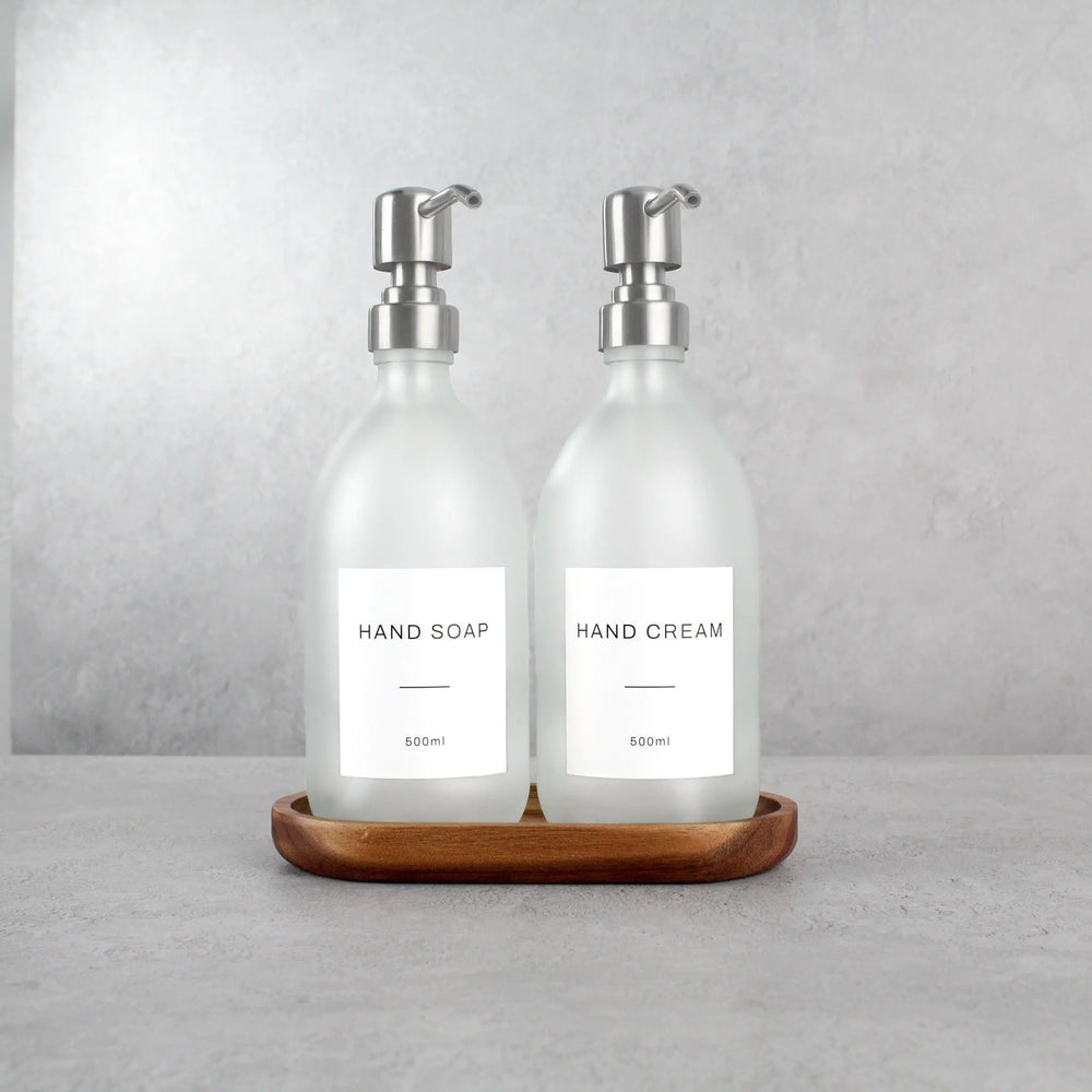 Acacia Tray & Frosted White Glass Dispenser Double Set Namie Home