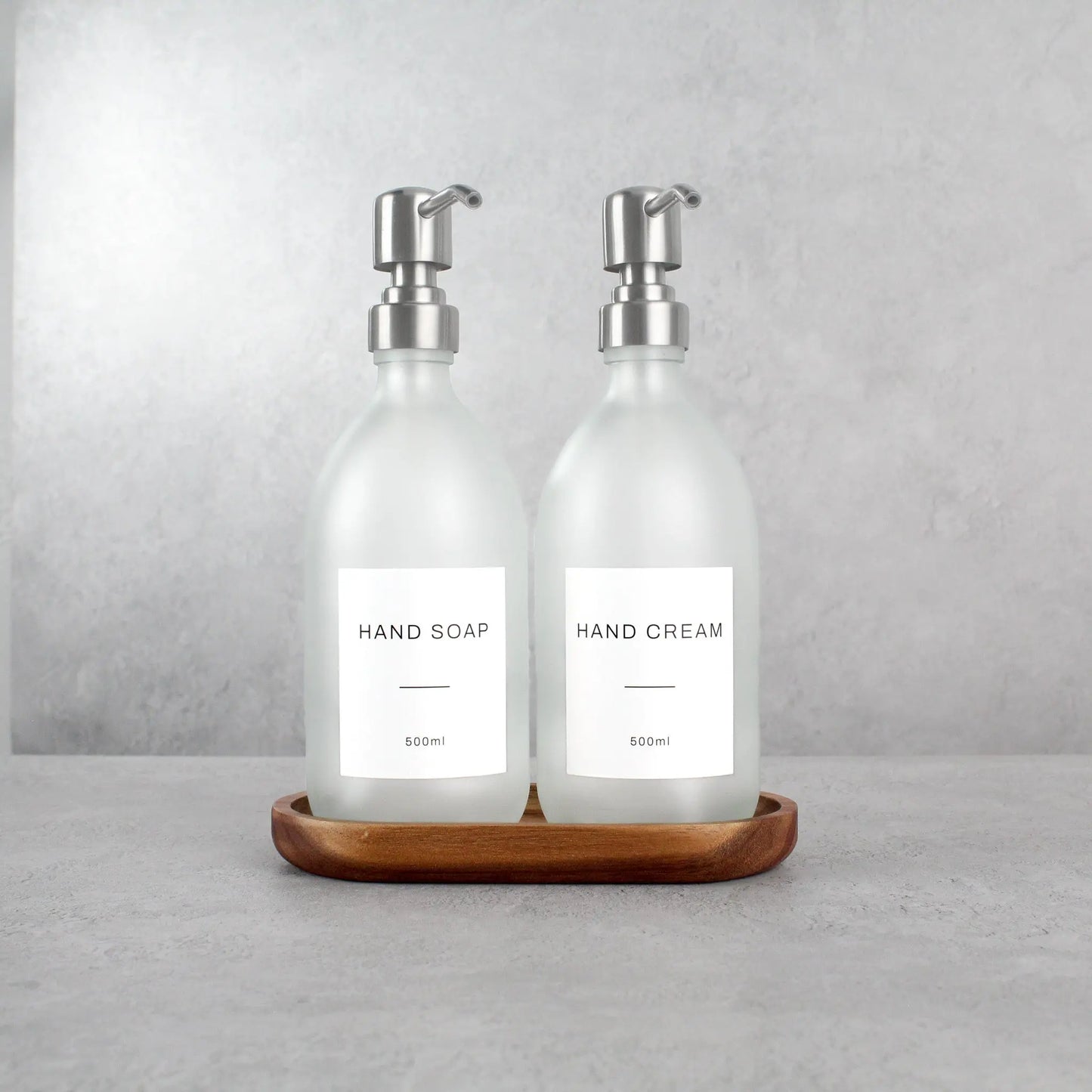 Acacia Tray & Frosted White Glass Dispenser Double Set Namie Home
