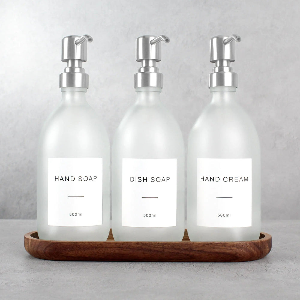 Acacia Tray & Frosted White Glass Dispenser Triple Set Namie Home