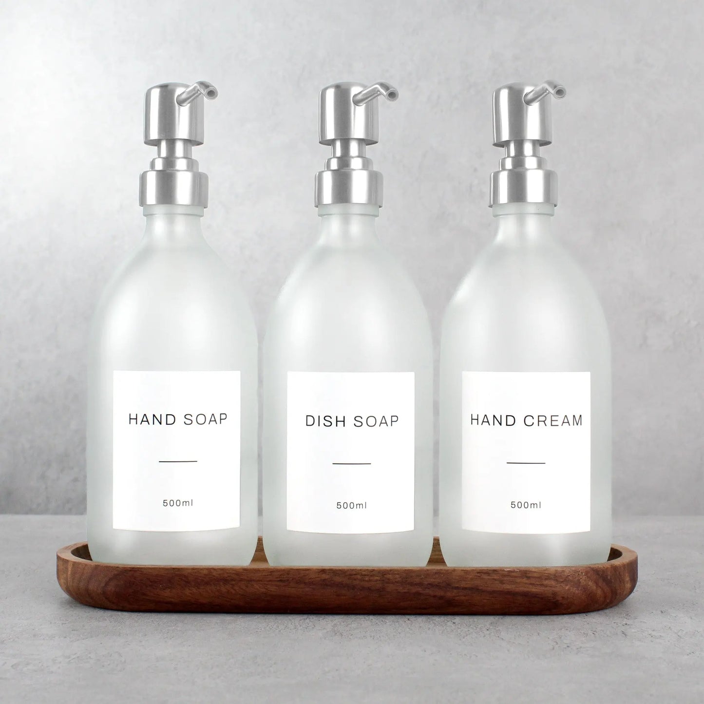 Acacia Tray & Frosted White Glass Dispenser Triple Set Namie Home