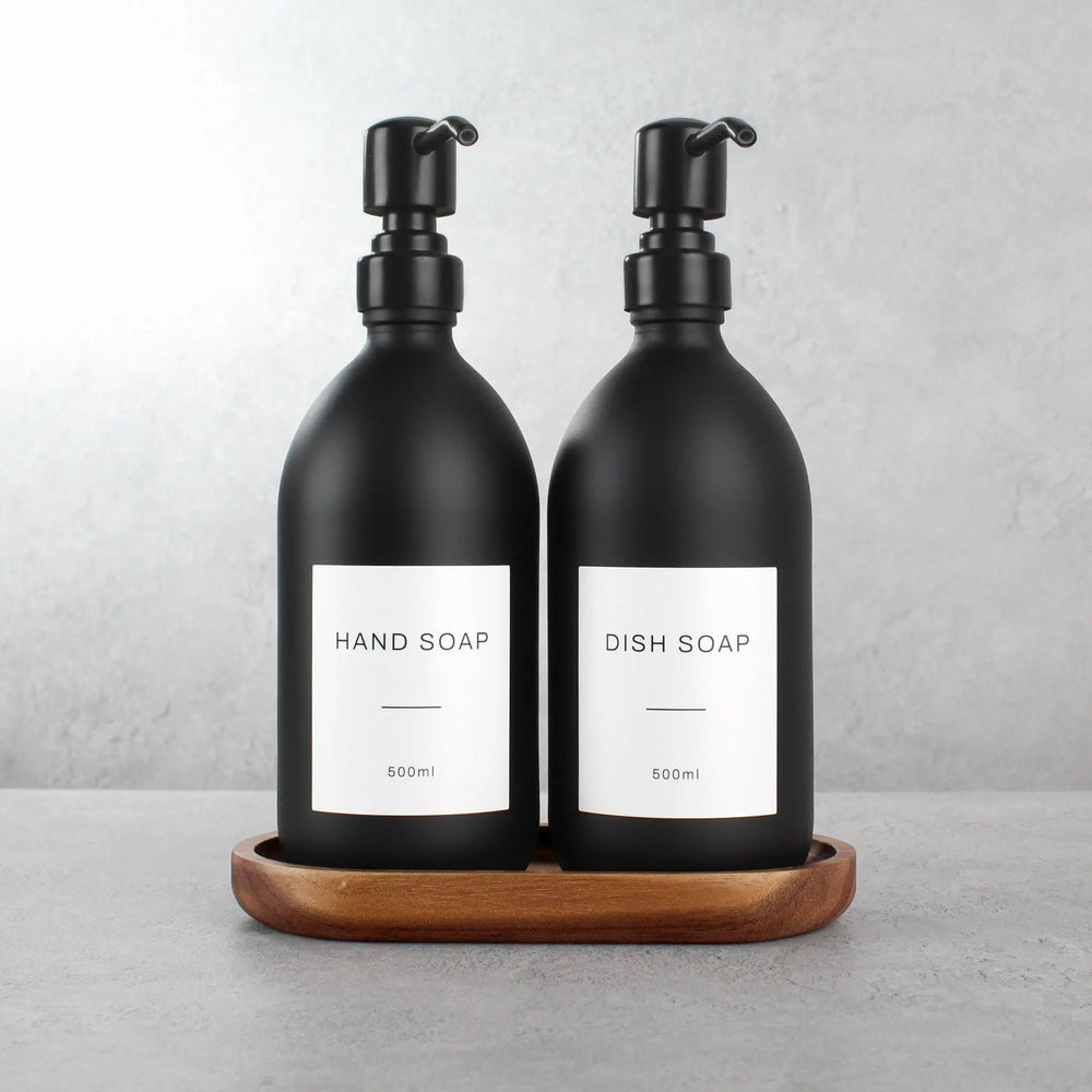 Acacia Tray & Matte Black Glass Dispenser Double Set Namie Home