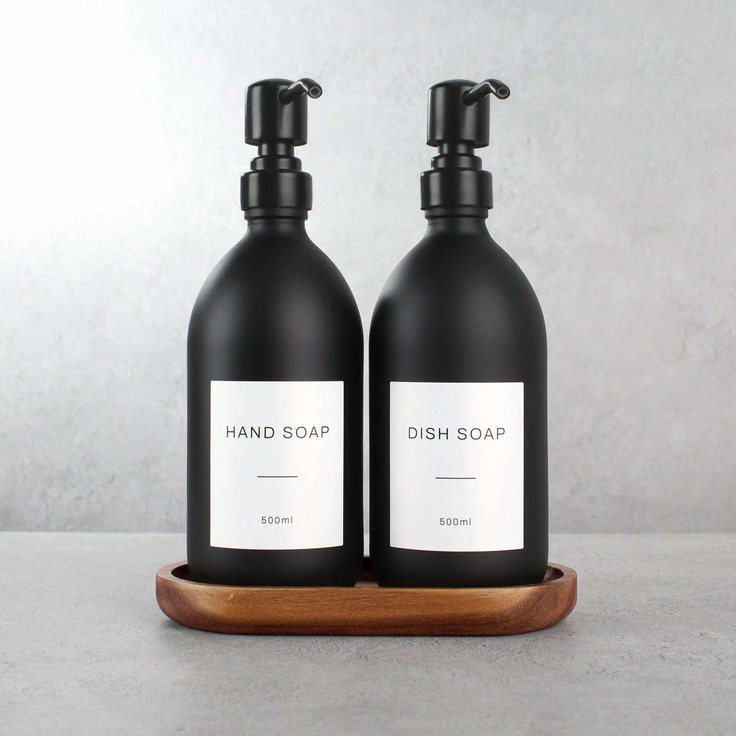 Acacia Tray & Matte Black Glass Dispenser Double Set Namie Home