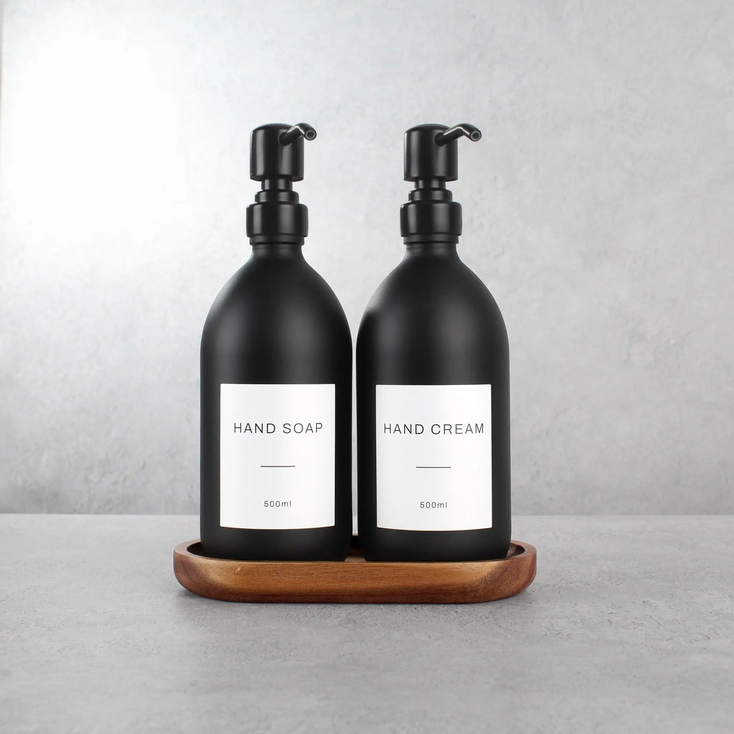 Acacia Tray & Matte Black Glass Dispenser Double Set Namie Home