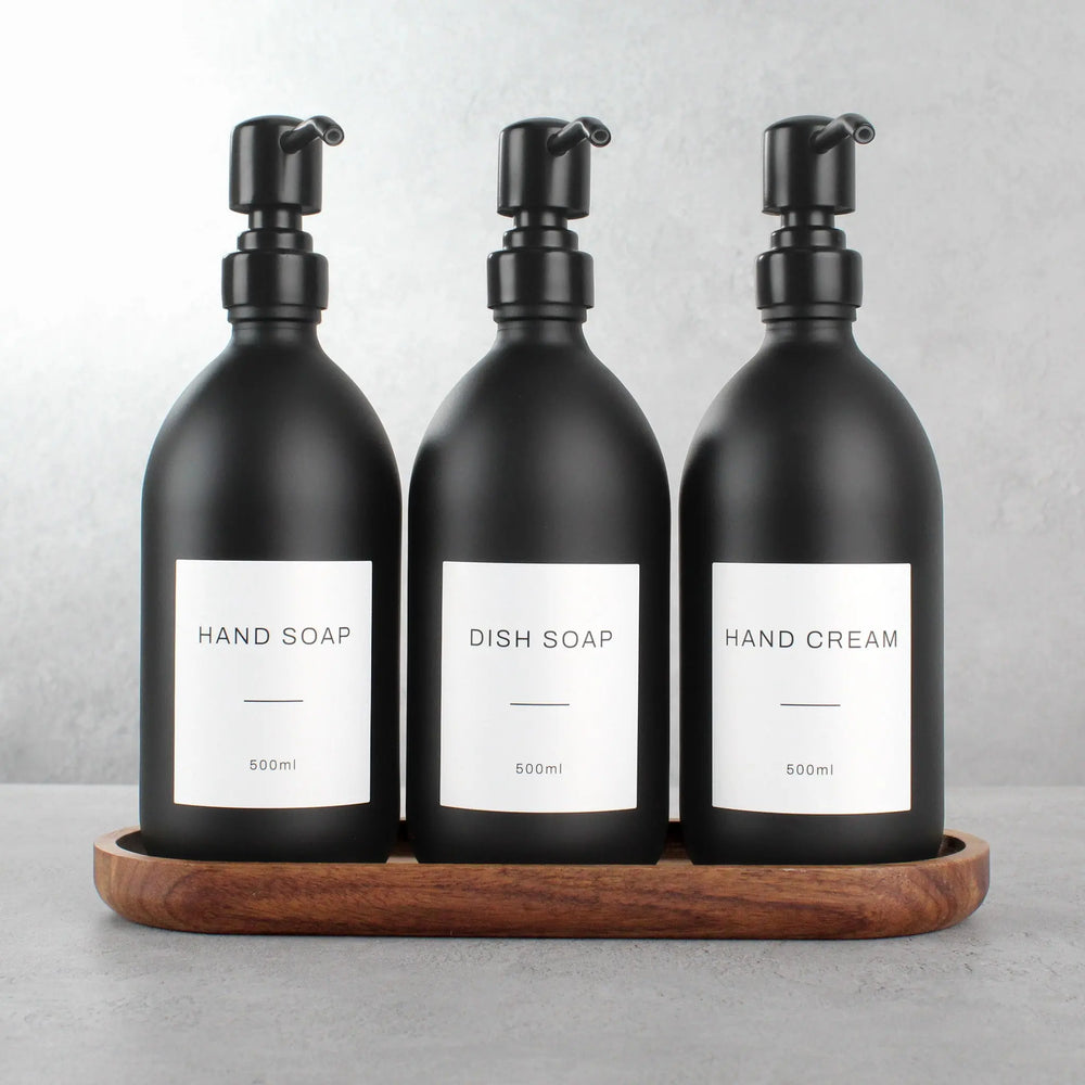 Acacia Tray & Matte Black Glass Dispenser Triple Set Namie Home