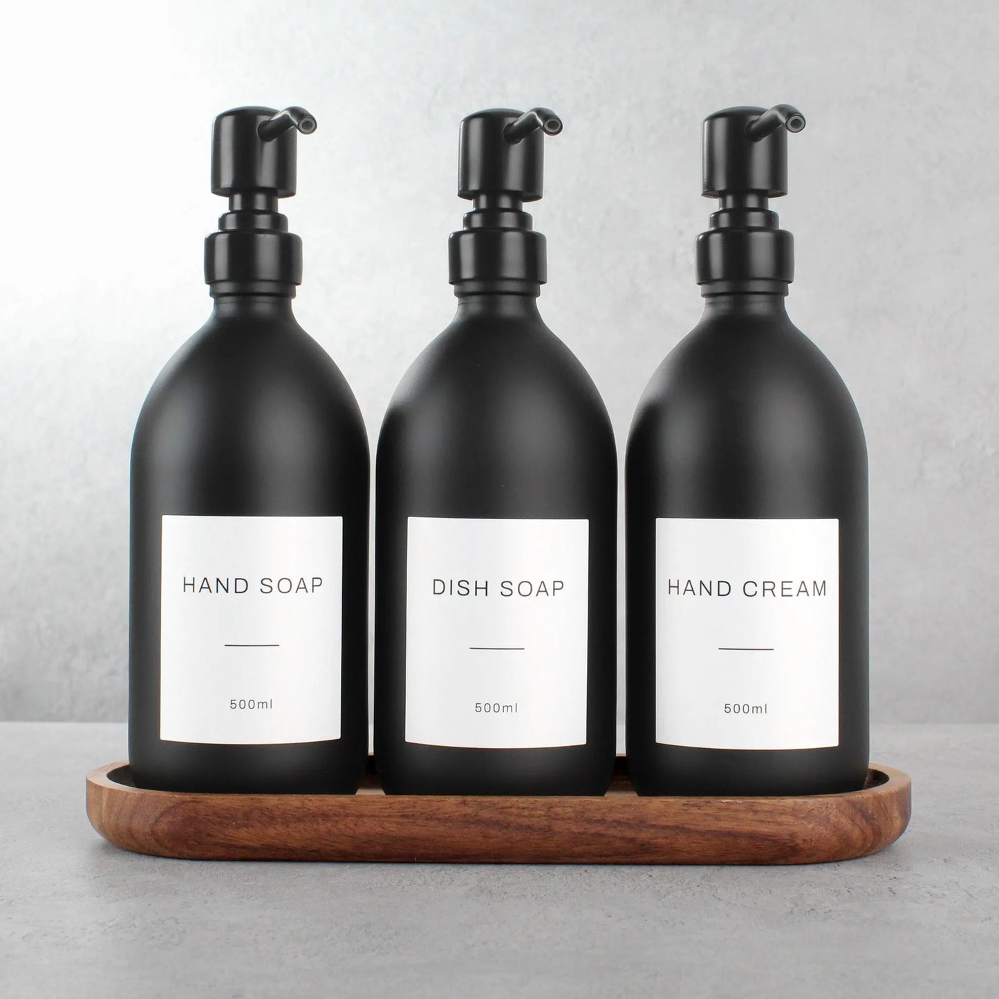 Acacia Tray & Matte Black Glass Dispenser Triple Set Namie Home