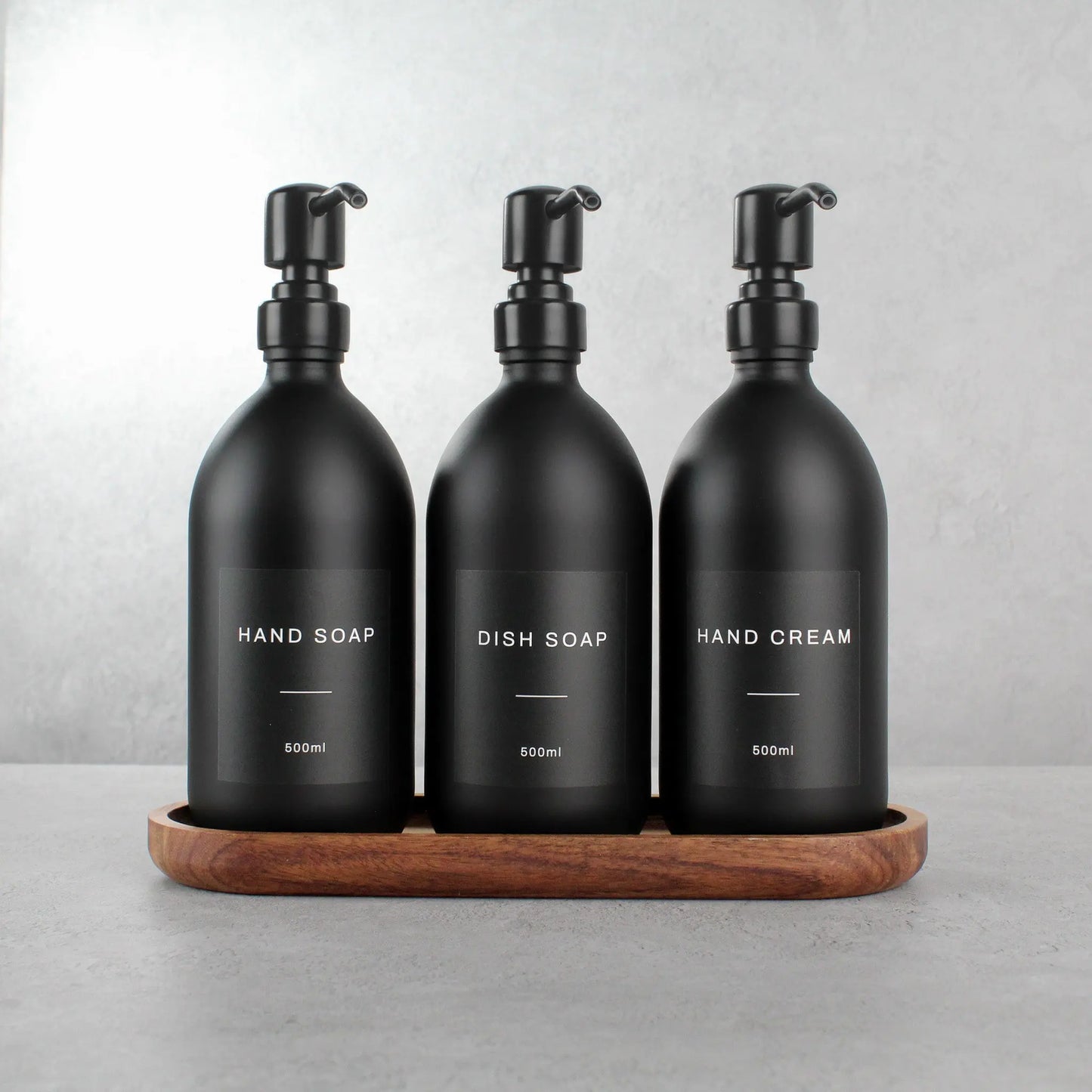 Acacia Tray & Matte Black Glass Dispenser Triple Set Namie Home