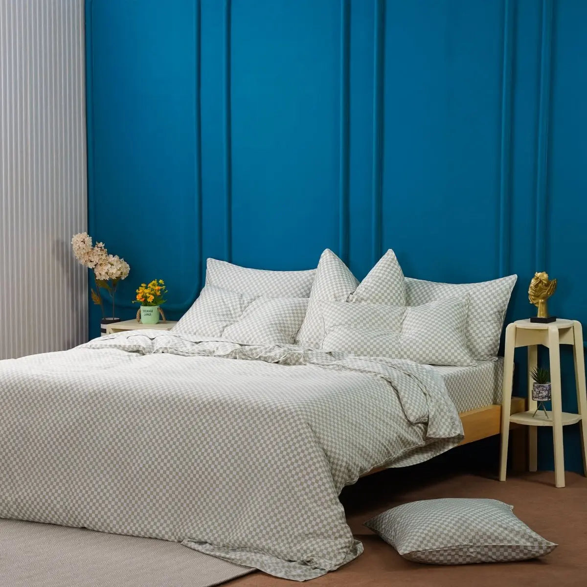Ackly Bamboo Sage Green Checkered Duvet Cover Set SHEET STORY