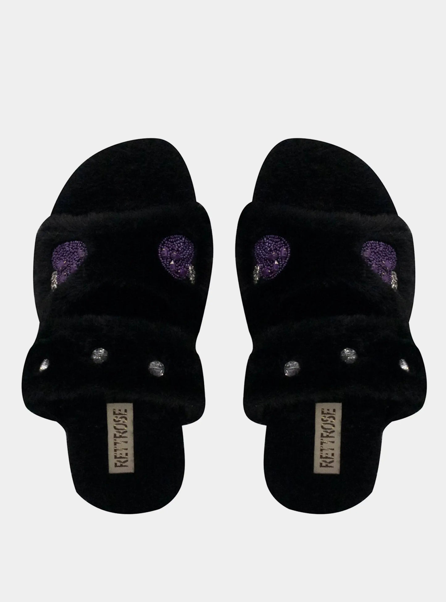 Ada Black Luxury Plush Diamanté Embellished Handmade Slipper Rettrose