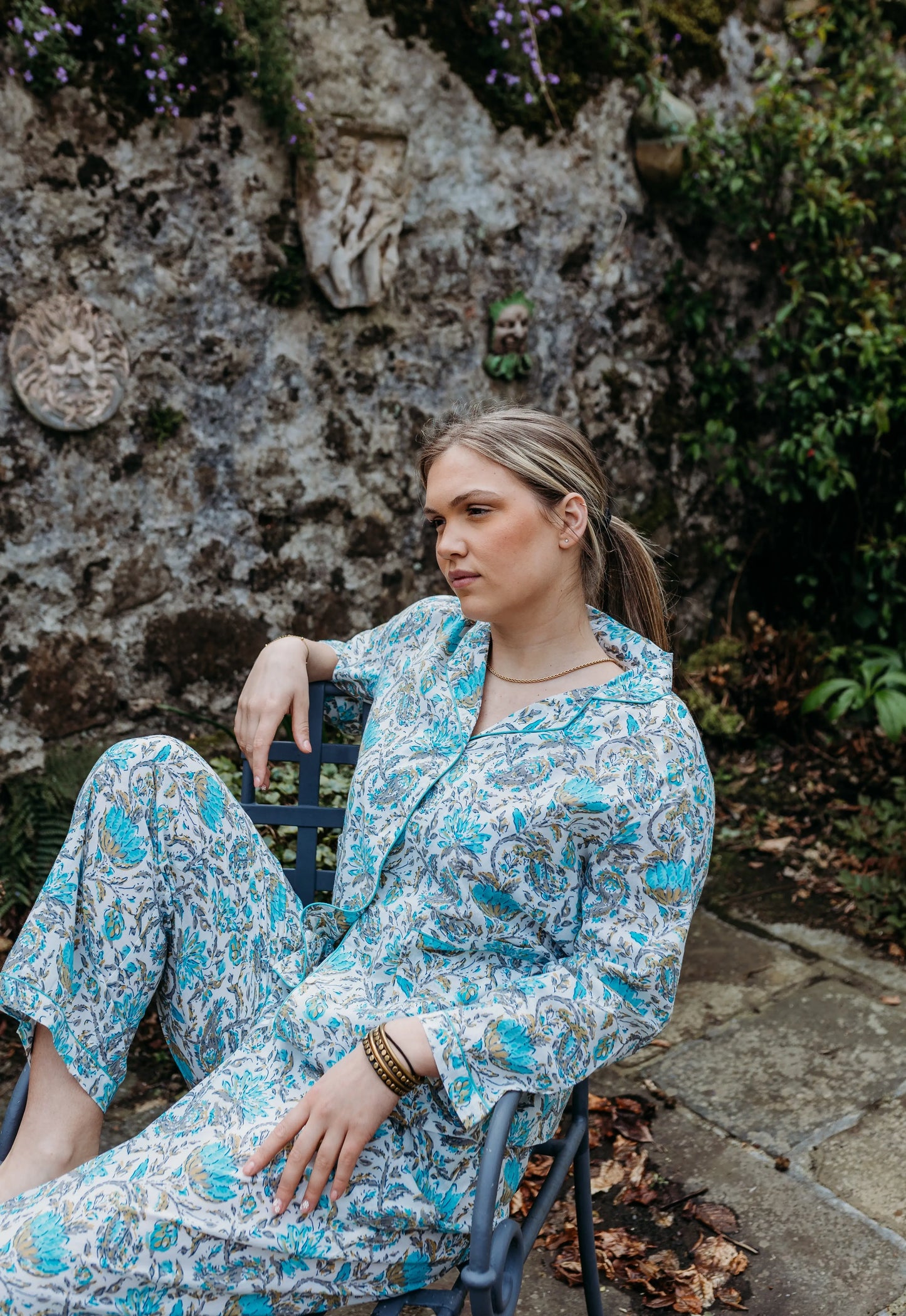 Ahaana Turquoise Block Printed Cotton Pyjamas Naree Clothing