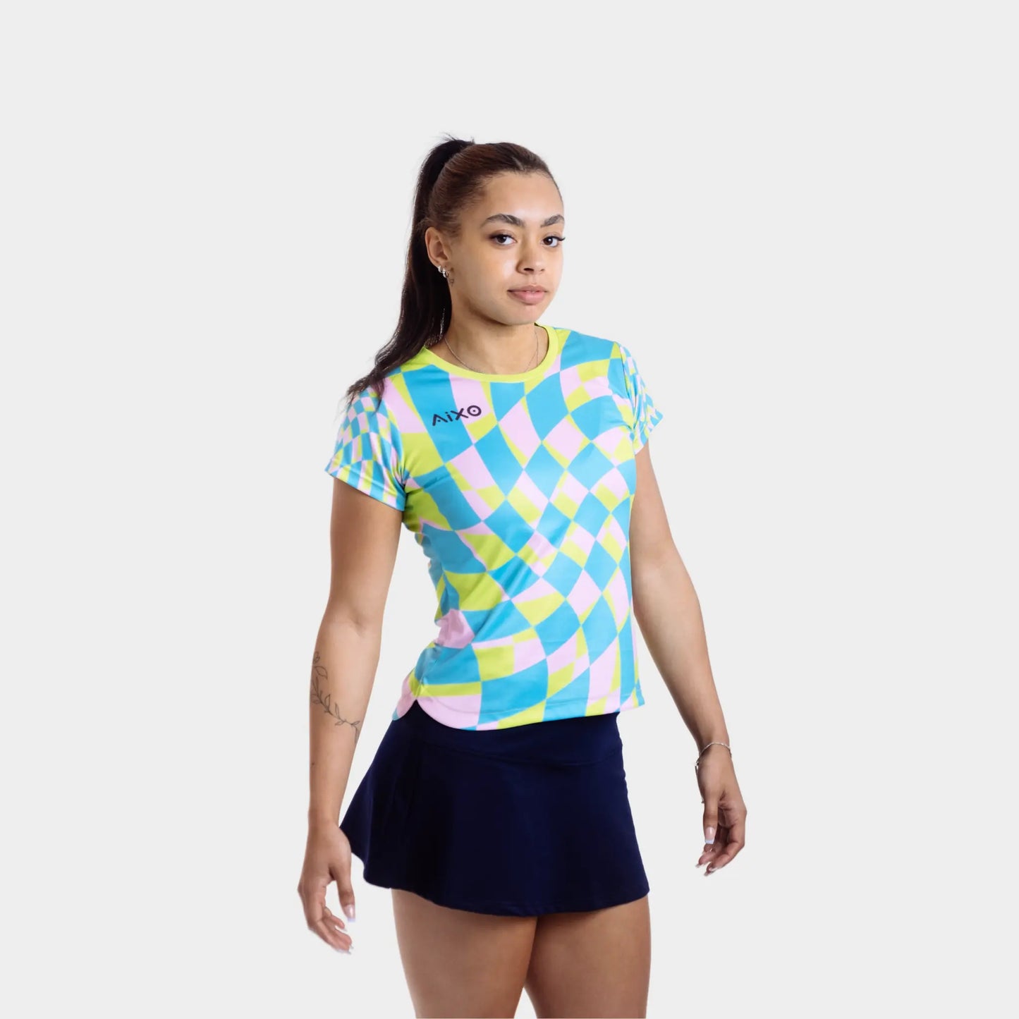 Aixo Checker Womens T Shirt Lime Check Central Sports UK