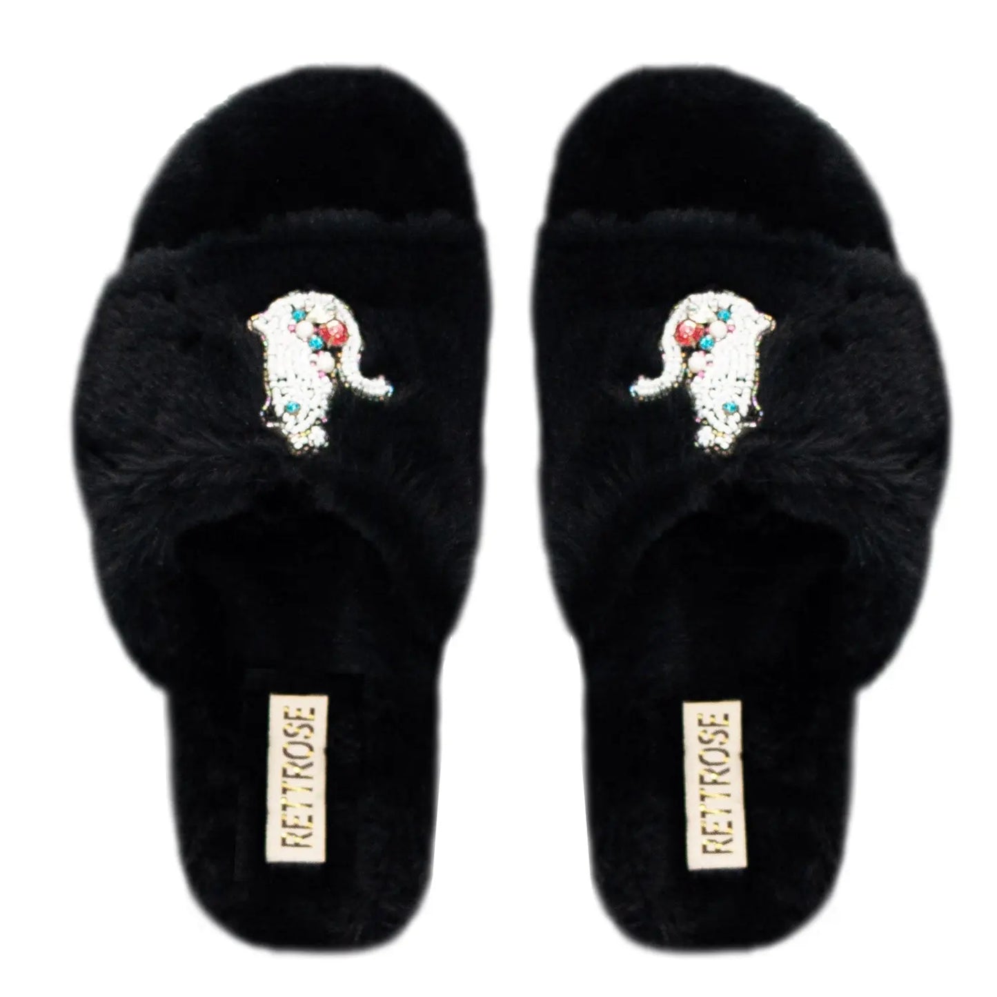 Alexandra Black Luxury Plush Diamanté Embellished Handmade Slipper Rettrose