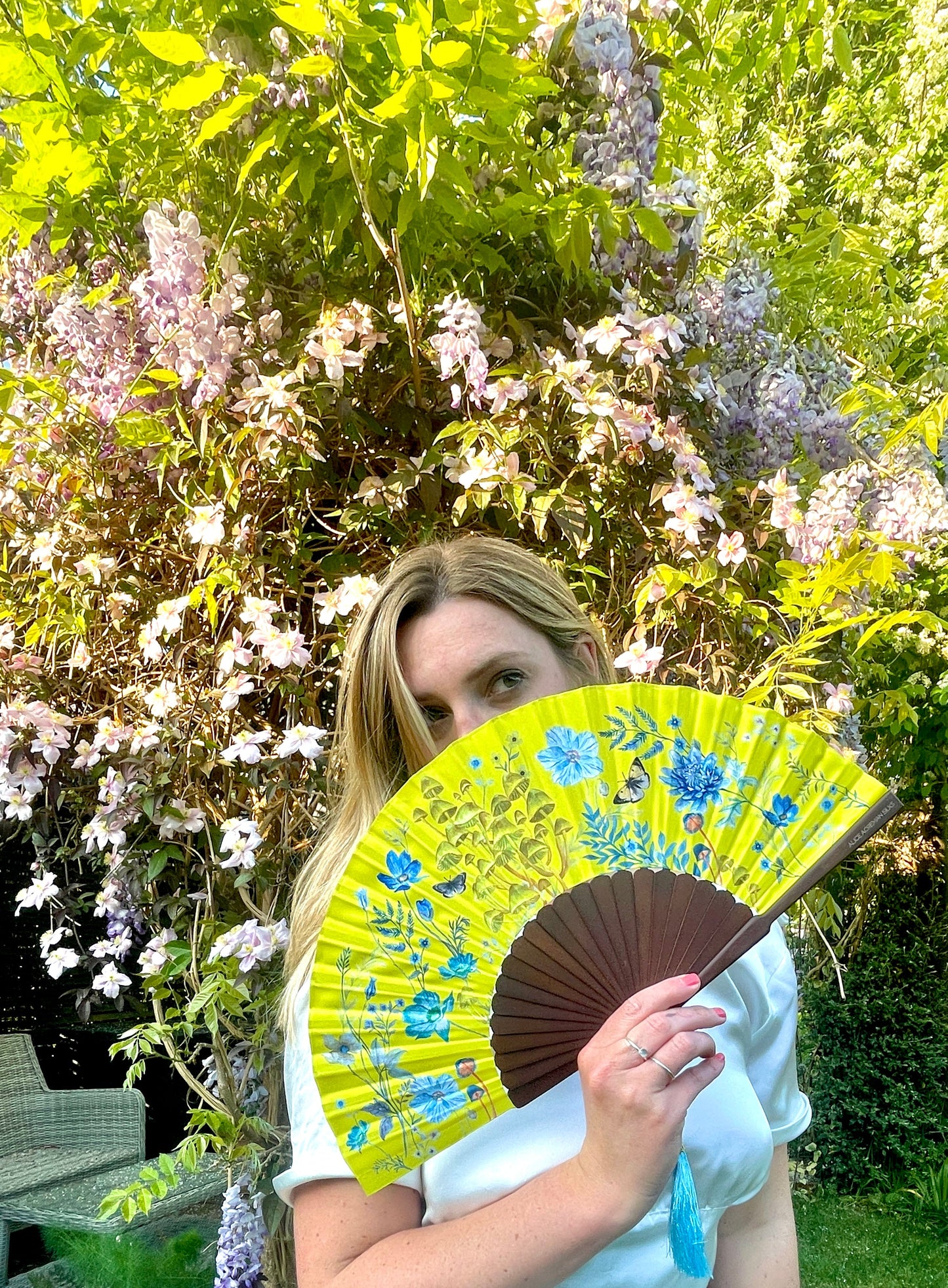 Bright yellow  'Luciferin' silk folding hand fan with flowers and mushroom painted artwork Alice Acreman Silks
