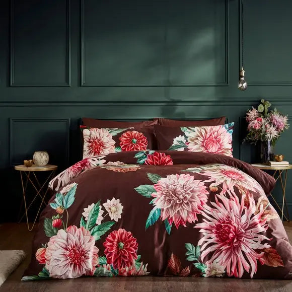 Allouise Floral Brown Luxury Velvet Duvet Cover and Pillowcase Set Dunelm