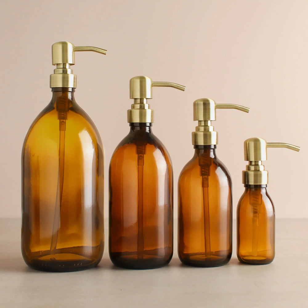 Amber Glass Dispenser Bottle With Gold Pump Namie Home