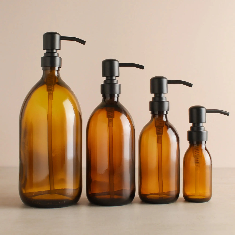 Amber Glass Dispenser Bottle With Matte Black Pump Namie Home