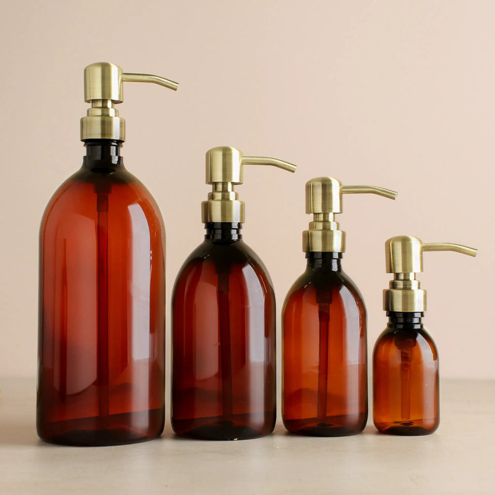 Amber Plastic Dispenser Bottle With Metal Gold Pump Namie Home