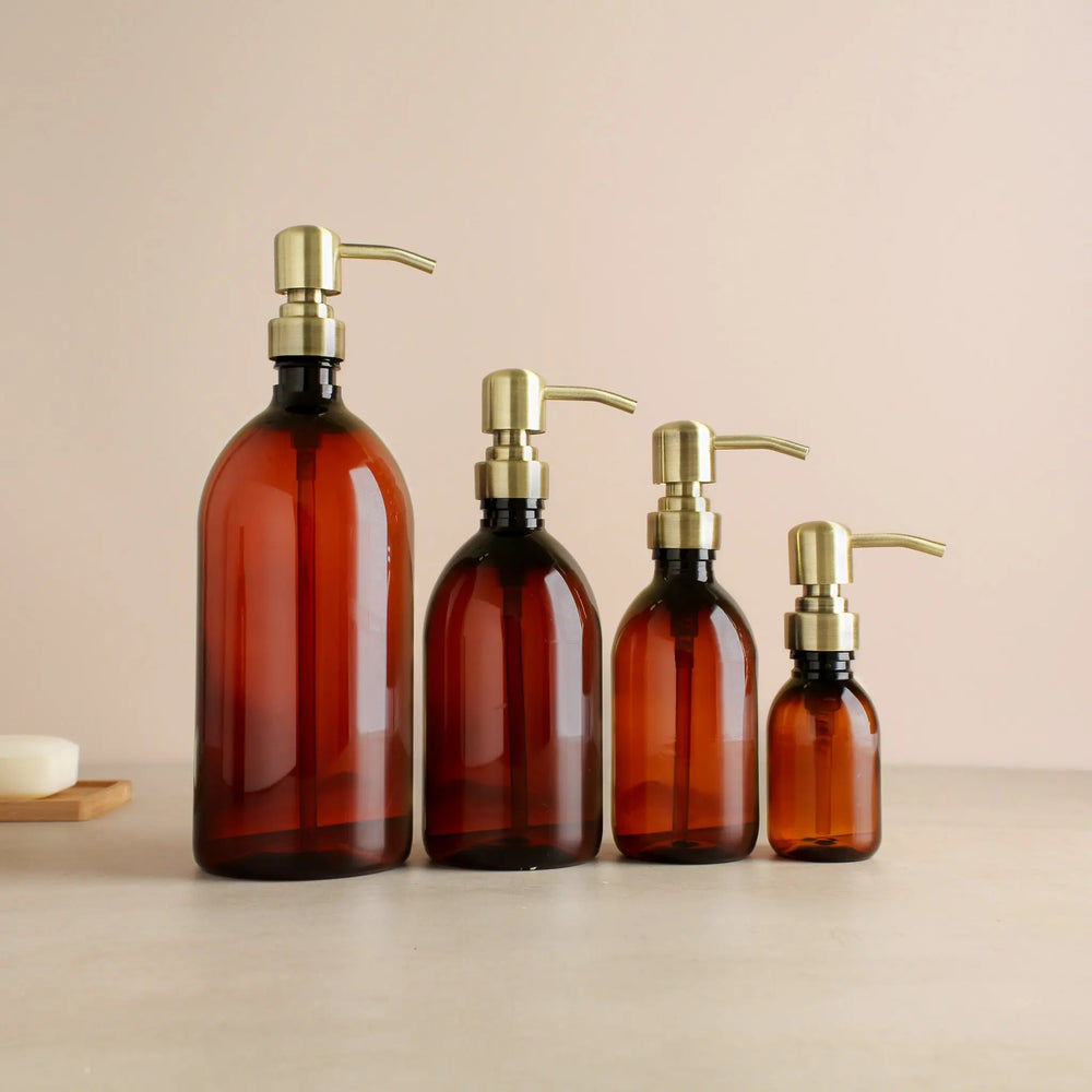 Amber Plastic Dispenser Bottle With Metal Gold Pump Namie Home