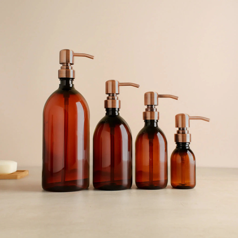 Amber Plastic Dispenser Bottle With Rose Gold Pump Namie Home