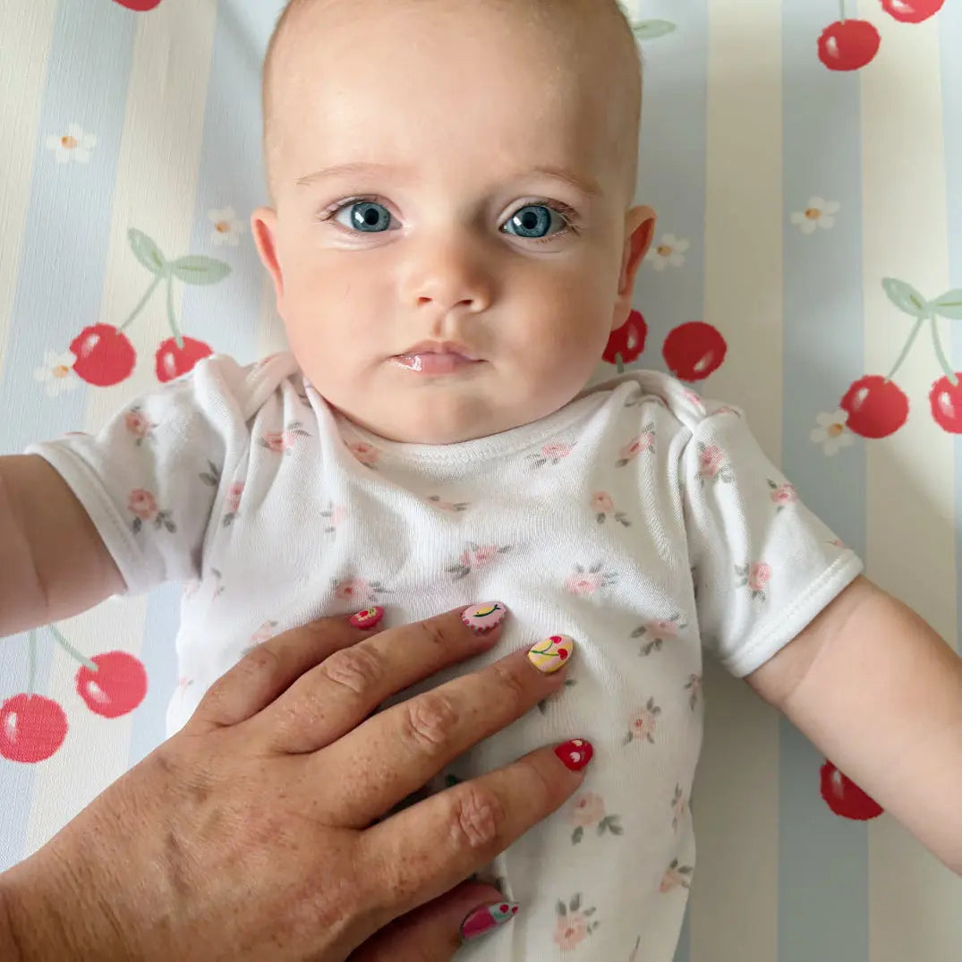 Anti-Roll Wedge Baby Changing Mat - Cherry Stripe Bobbin and Bumble