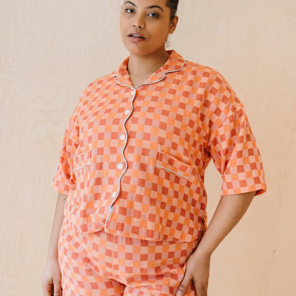 Apricot Checkerboard Cotton Pyjama Short Set TartanBlanketCo