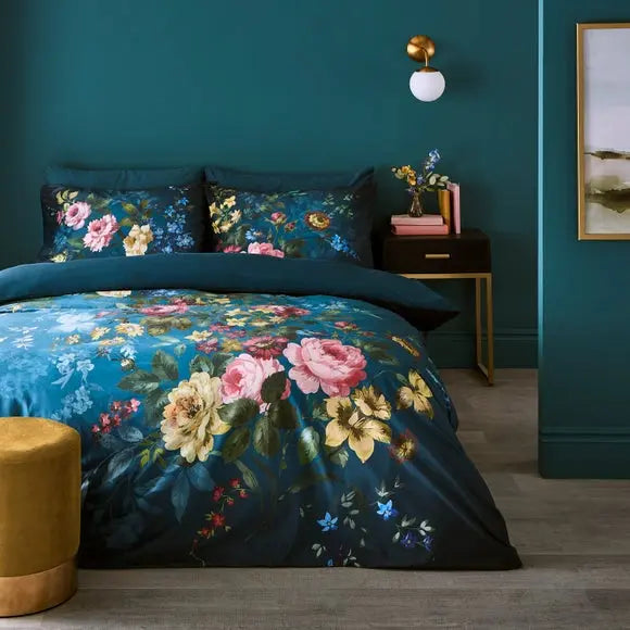 Arabella Blue Floral Luxury Velvet Duvet Cover & Pillowcase Set Dunelm