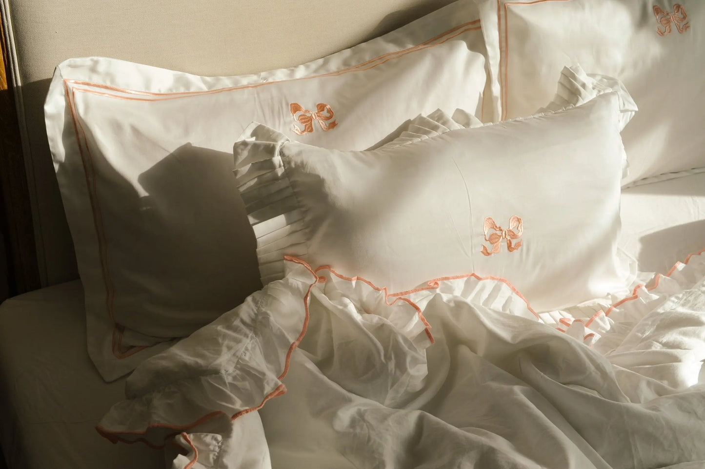 Arabella Bow Ruffle frill Pillow Case Pair Sukun: Luxurious bedding and homeware.