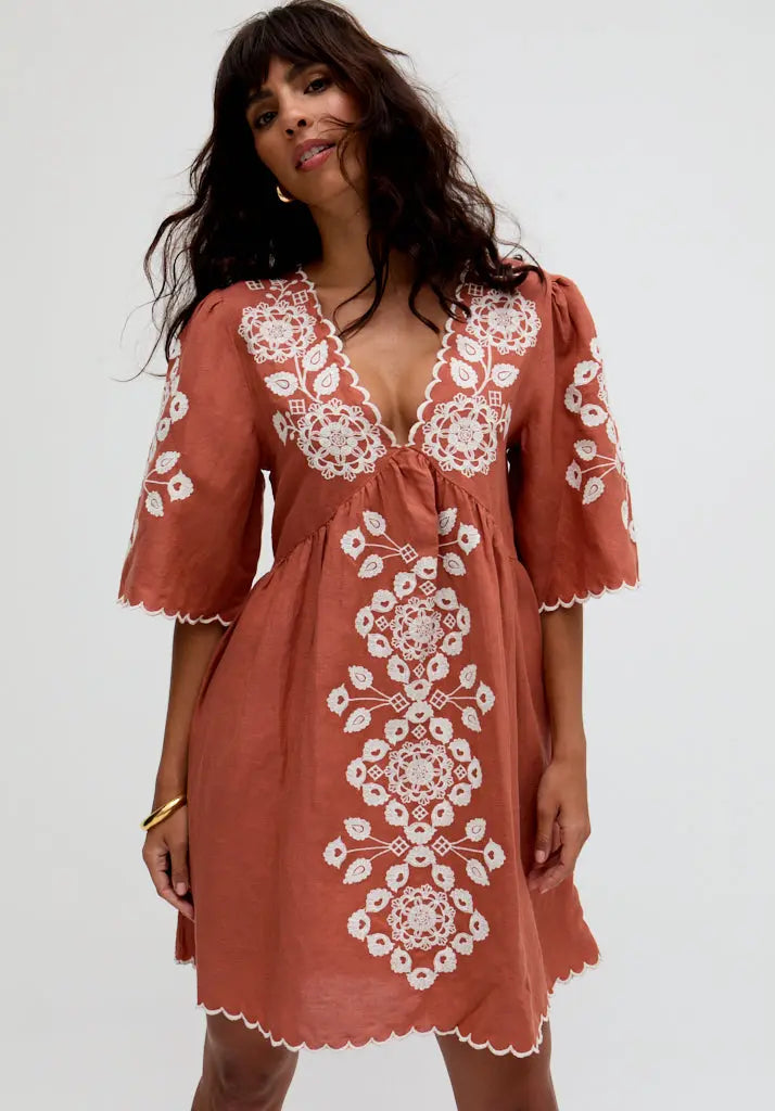 Arabella V- Neck Embroidered Mini Dress In Brown Raffya