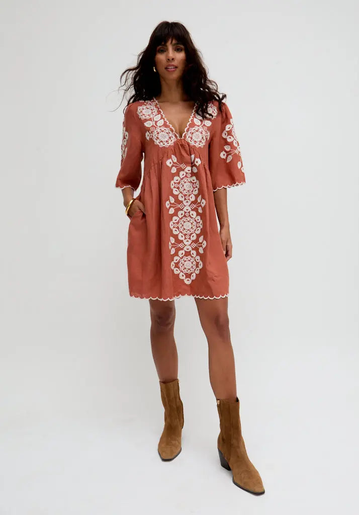 Arabella V- Neck Embroidered Mini Dress In Brown Raffya