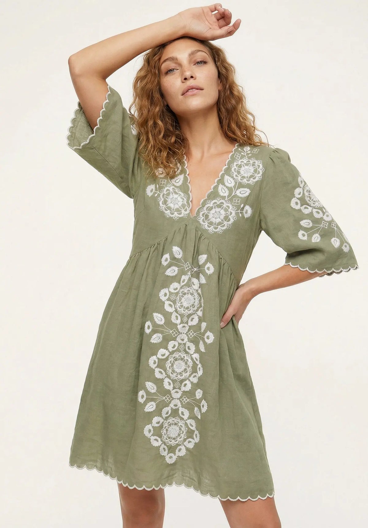Arabella V- Neck Embroidered Mini Dress In Sage Green Raffya