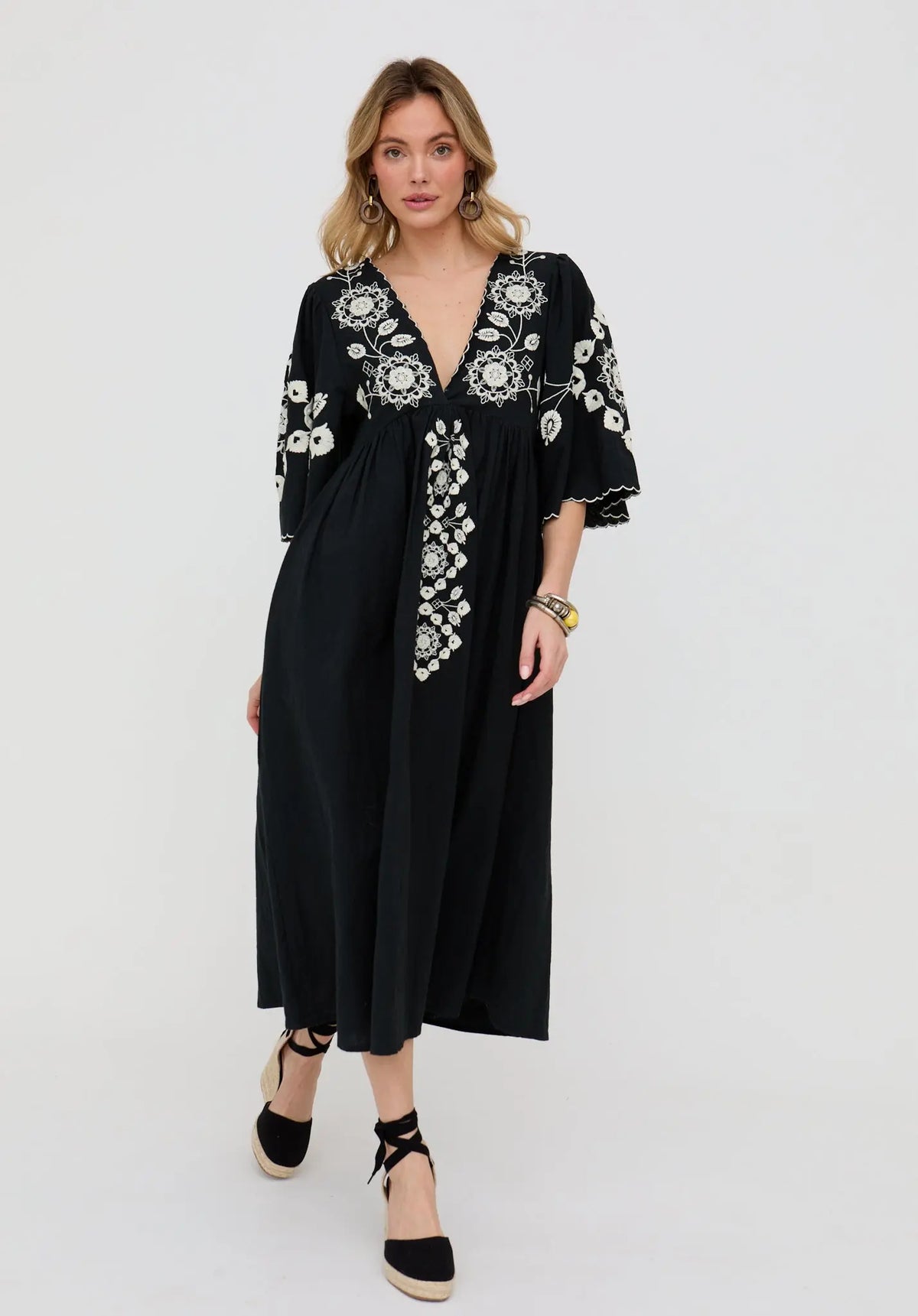Arianna V- Neck Embroidered Maxi Dress In Black Raffya
