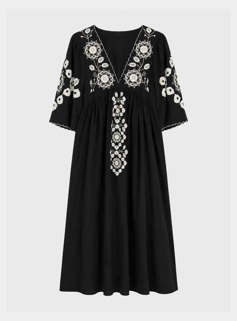 Arianna V- Neck Embroidered Maxi Dress In Black Raffya