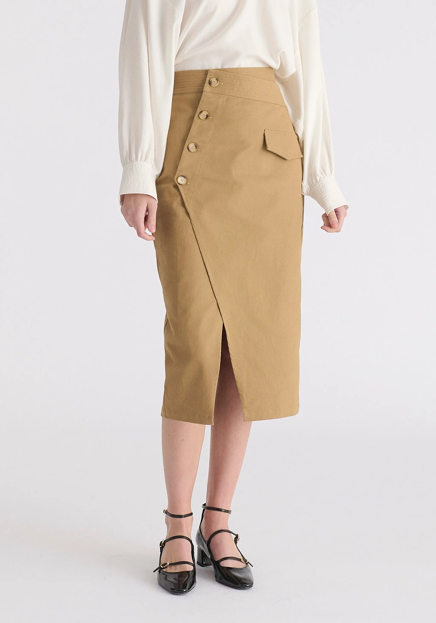 Asymmetric Midi Skirt With Button Details Paisie