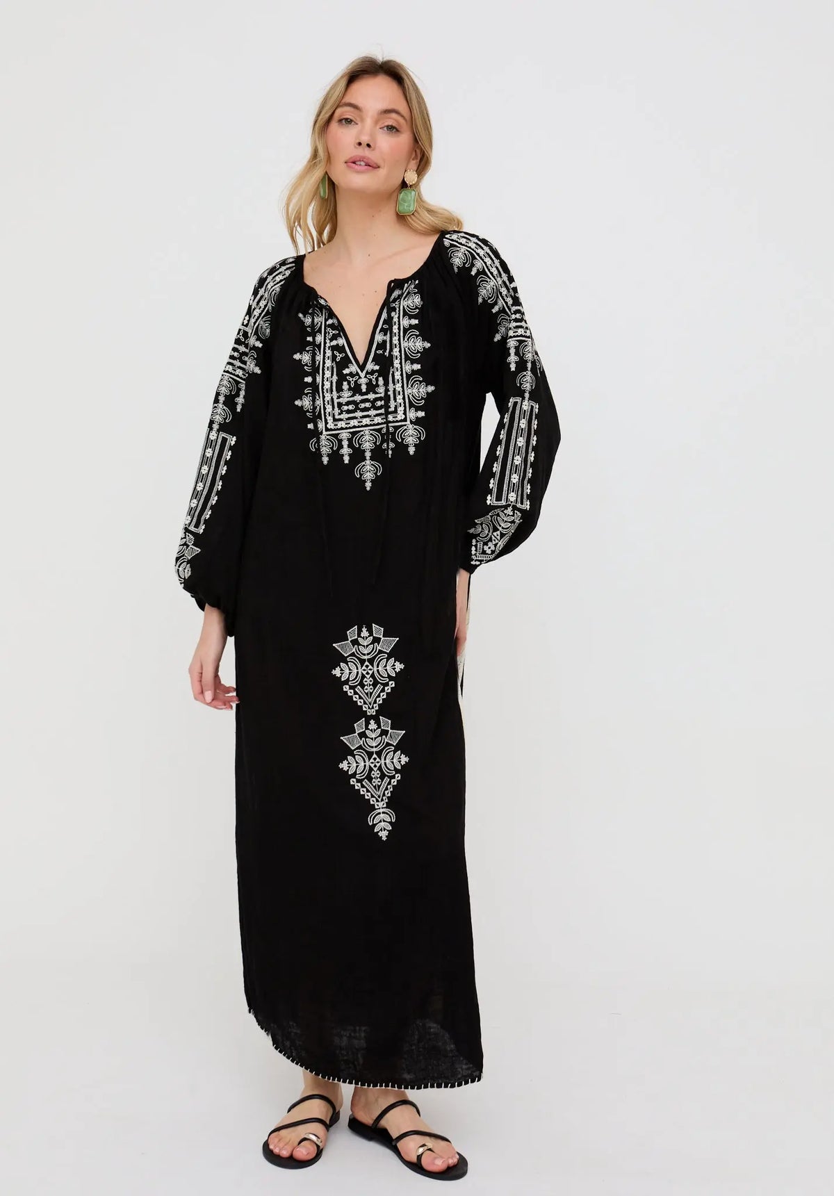 Aurelia Kaftan Style Embroidered Maxi Dress In Black Raffya