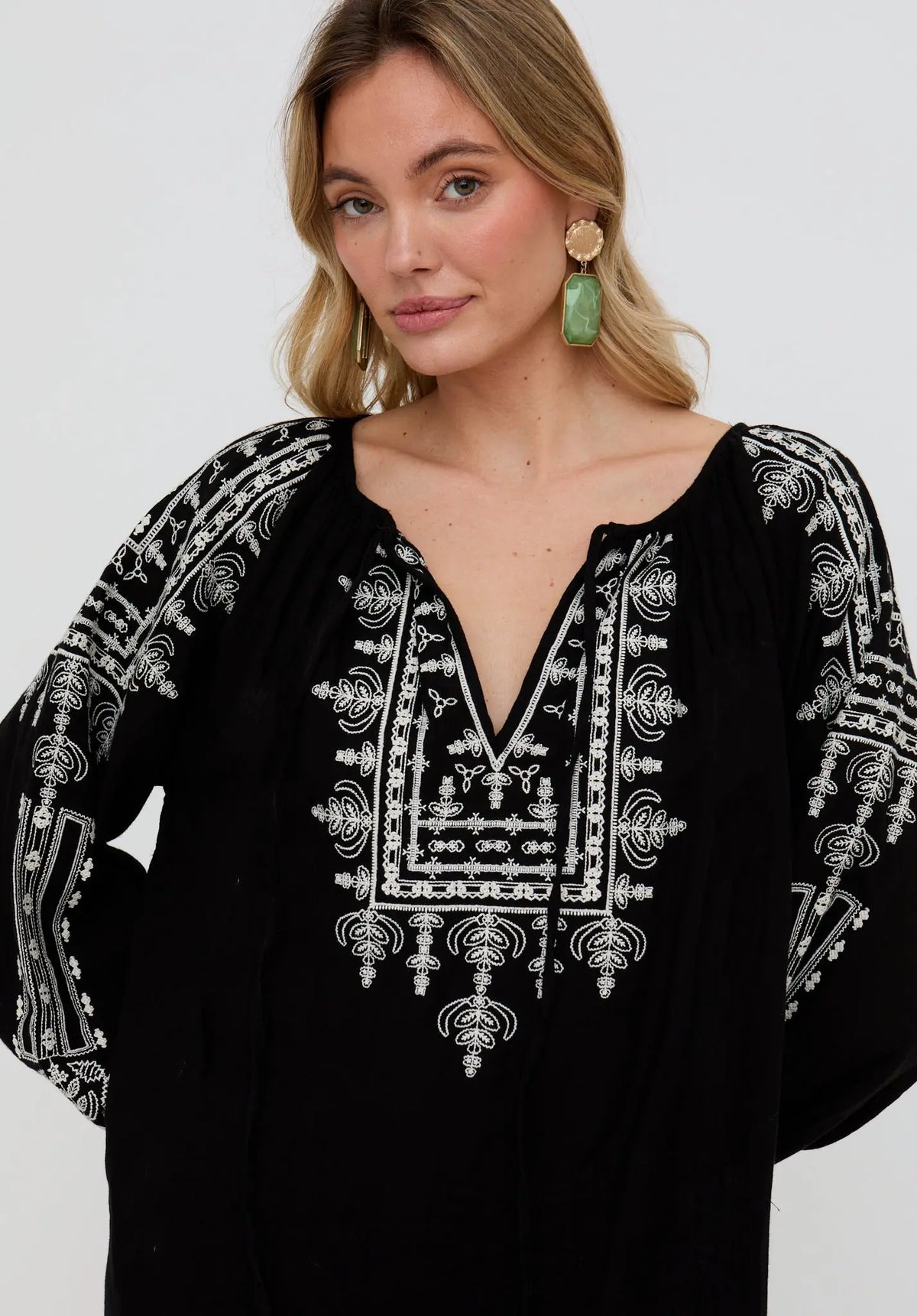 Aurelia Kaftan Style Embroidered Maxi Dress In Black Raffya