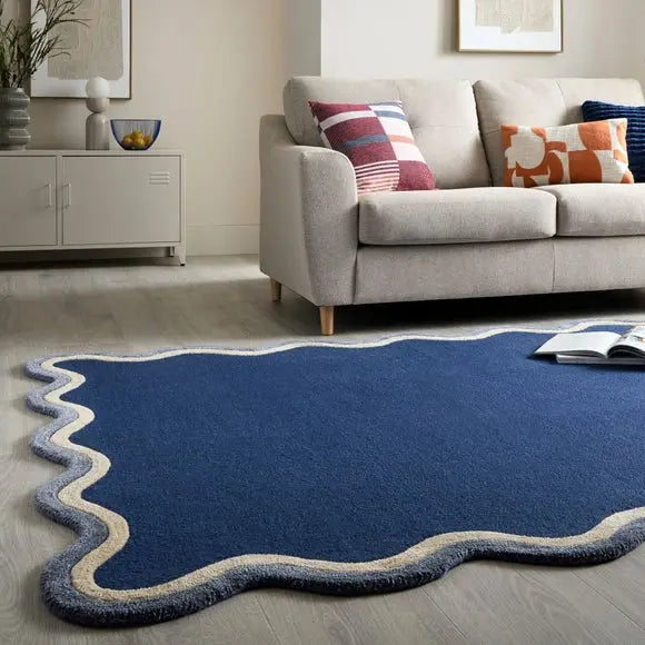 Azure Wave Border Wool Rug Dunelm