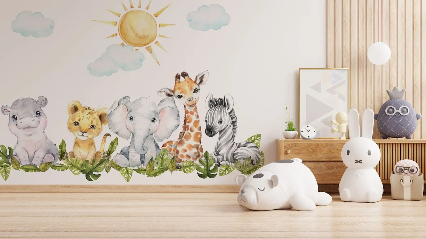 Baby Safari Animals Watercolor Wall Decal | Nursery Mural | Lion Elephant Sticker ClickWalls