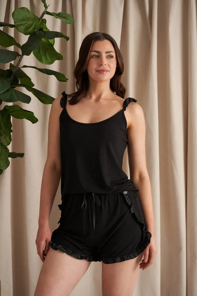 Bamboo Frill Cami Short Pyjama Set in Black Pretty You London