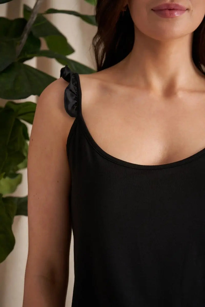 Bamboo Frill Cami Short Pyjama Set in Black Pretty You London