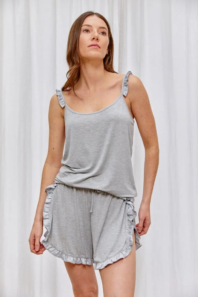 Bamboo Frill Cami Short Pyjama Set in Grey Marl Pretty You London