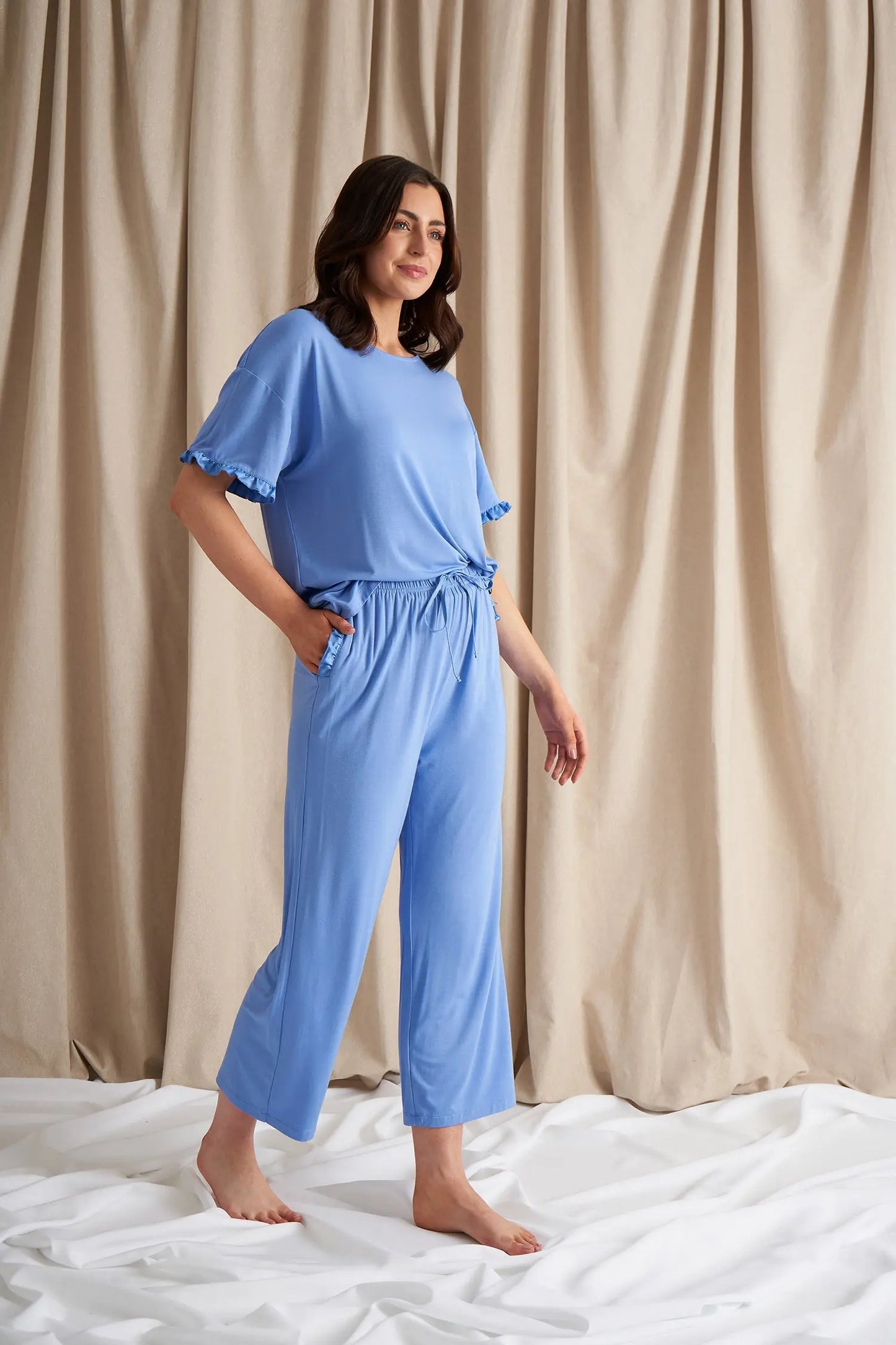 Bamboo Frill Tee Trouser Set in Cornflower Blue Pretty You London
