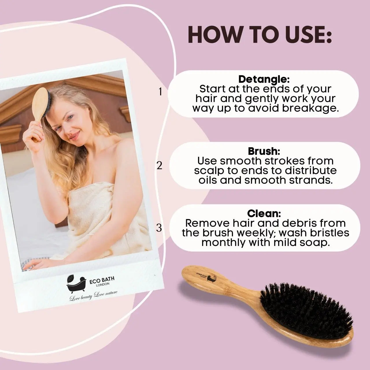 Bamboo Hair Brush with Boar Bristles - Eco-Friendly Detangling Hairbrush for All Hair Types Eco Bath London